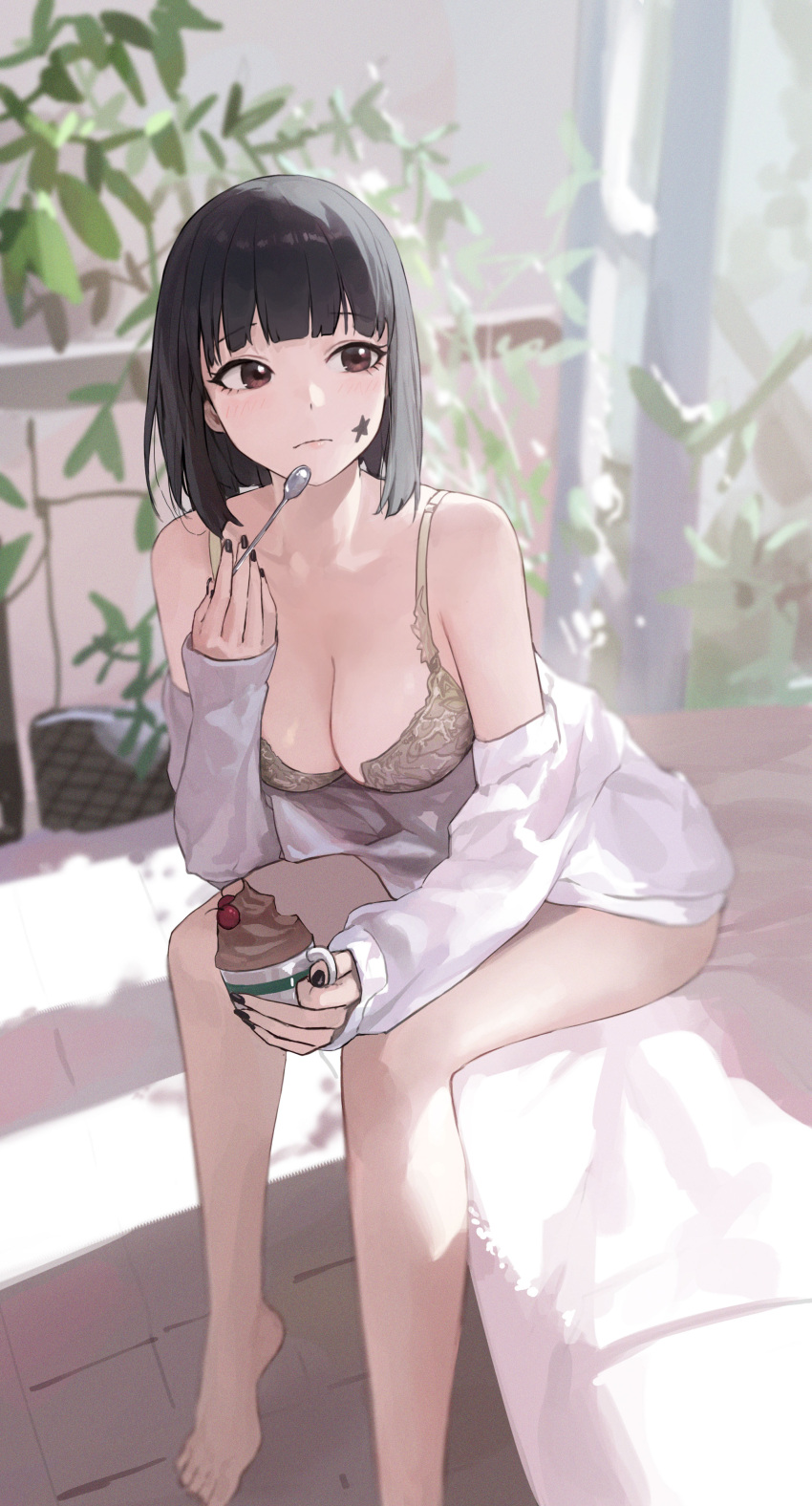 1girl absurdres bare_legs barefoot black_hair black_nails blurry blurry_background blush bob_cut bra breasts cleavage closed_mouth english_commentary facial_tattoo food foot_out_of_frame highres holding holding_food holding_spoon ice_cream indoors large_breasts leaf long_sleeves looking_to_the_side mac_star nail_polish off_shoulder original plant potted_plant red_eyes shirt short_hair sitting sleeves_past_wrists solo spoon star_tattoo tattoo underwear white_shirt