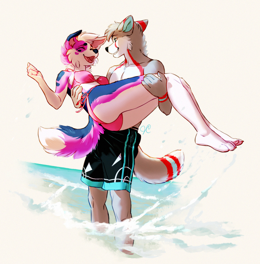 2022 4_toes 5_fingers anthro bikini canid canine canis clothed clothing digital_media_(artwork) domestic_dog duo feet female fingers fox hi_res male mammal smile swimwear thelupinprincess toes