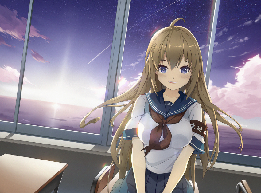 1girl bangs blonde_hair blue_skirt boost404 breasts chair highres long_hair looking_at_viewer medium_breasts ocean open_mouth original purple_hair school school_chair school_uniform shirt short_sleeves sitting skirt sky smile solo star_(sky) starry_sky teeth upper_body upper_teeth white_shirt window