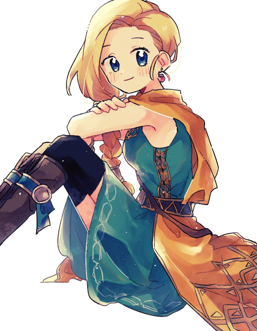 aki_34dq belt bianca_(dq5) black_legwear blonde_hair blue_eyes blush boots bracelet braid brown_footwear cape dragon_quest dragon_quest_heroes dragon_quest_v dress earrings green_dress highres jewelry long_hair looking_at_viewer orange_cape side_braid single_braid sitting sleeveless sleeveless_dress smile thighhighs white_background