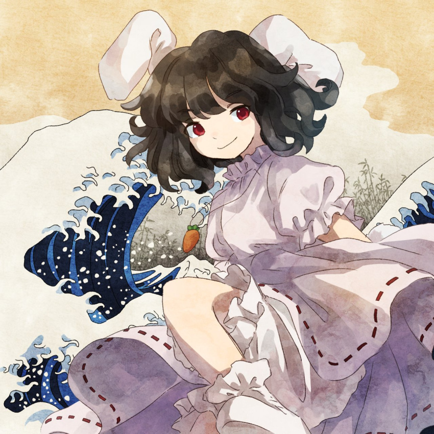 1girl animal_ears bamboo bamboo_forest bangs black_hair bloomers carrot_necklace cloud commentary dress fine_art_parody floppy_ears foot_out_of_frame forest highres inaba_tewi kanagawa_okinami_ura knee_up looking_at_viewer medium_hair nature parody puffy_short_sleeves puffy_sleeves rabbit_ears rabbit_girl red_eyes retrochaossan ribbon-trimmed_dress short_sleeves smile solo touhou underwear waves wavy_hair white_dress white_legwear