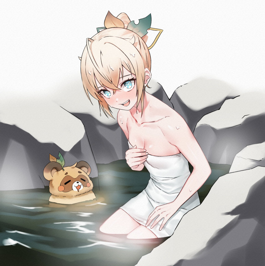 1girl absurdres artpatient bangs bare_shoulders blonde_hair blue_eyes blush breasts crossed_bangs hair_ornament highres hololive kazama_iroha leaf_hair_ornament looking_at_another naked_towel onsen partially_submerged pokobee rock small_breasts smile snow solo steam tanuki towel virtual_youtuber water wet white_background