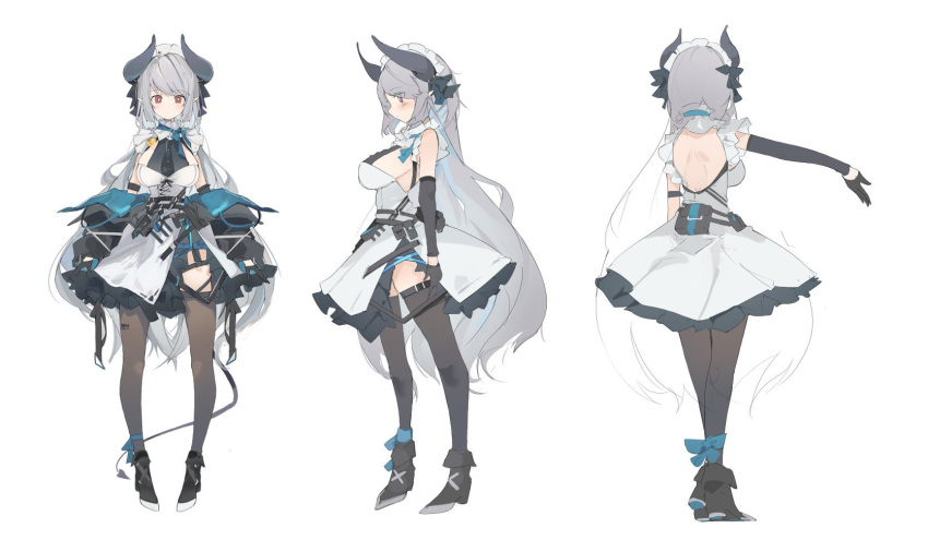 1girl akuma_meryl backless_dress backless_outfit bangs belt black_footwear black_gloves black_legwear boots breasts center_frills character_sheet closed_mouth demon_girl demon_tail detached_sleeves dress eclipse_live_project frills full_body gloves grey_hair halo high_heel_boots high_heels highres horns large_breasts long_hair long_sleeves maid_headdress mikozin mole mole_under_eye outstretched_arm pouch second-party_source shoulder_blades sideboob sidelocks simple_background single_detached_sleeve sleeveless sleeveless_dress tail thighhighs white_background white_dress wings