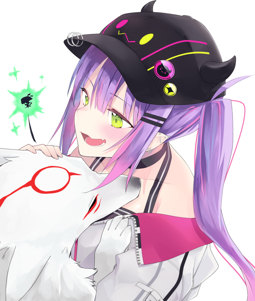 1girl :d amaterasu_(ookami) bangs baseball_cap bibi_(tokoyami_towa) black_choker black_headwear blush choker ear_piercing fake_horns green_eyes hat highres hololive horned_headwear horns jacket long_hair looking_at_animal off_shoulder ookami_(game) petting piercing pointy_ears purple_hair safai sidelocks smile solo tokoyami_towa twintails virtual_youtuber white_jacket wolf