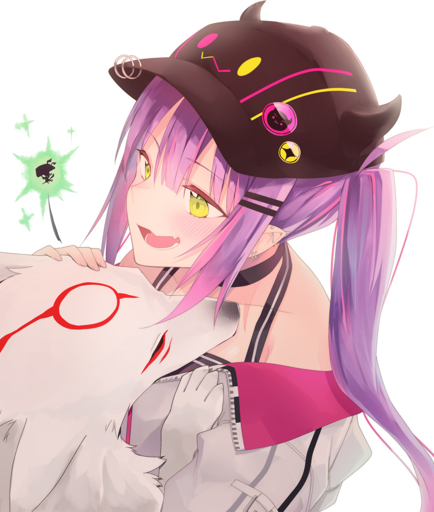 1girl :d amaterasu_(ookami) bangs baseball_cap bibi_(tokoyami_towa) black_choker black_headwear blush choker ear_piercing fake_horns green_eyes hat highres hololive horned_headwear horns jacket long_hair looking_at_animal off_shoulder ookami_(game) petting piercing pointy_ears purple_hair safai sidelocks smile solo tokoyami_towa twintails virtual_youtuber white_jacket wolf