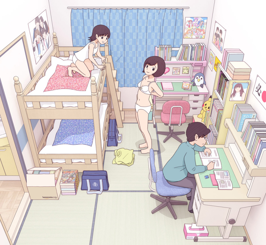 1boy 2girls bag bed book book_stack bookshelf breasts brother_and_sister brown_hair bunk_bed chair curtains eraser glasses indoors kiyo_(kyokyo1220) multiple_girls navel on_bed open_book panties poster_(object) reading school_bag shirt_removed short_hair siblings sitting sliding_doors small_breasts standing studying stuffed_animal stuffed_penguin stuffed_toy swivel_chair tissue_box underwear undressing white_panties