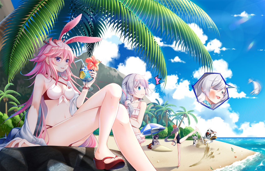 6+girls :d animal_ears bangs barefoot beach beach_umbrella bikini black_eyes blue_eyes blue_sky blue_swimsuit bow breasts bronya_zaychik cellphone cleavage closed_eyes closed_mouth cloud cloudy_sky cup drill_hair drinking_glass drinking_straw fish flip_phone flower food fox_ears frilled_bikini frills fruit fu_hua full_body grey_hair hair_bow hair_ornament highres holding holding_cup honkai_(series) honkai_impact_3rd kiana_kaslana kicking lemon lemon_slice lemonade lying multiple_girls murata_himeko navel on_back one-piece_swimsuit open_mouth orange_flower outdoors palm_tree phone pink_bikini pink_hair ponytail project_bunny purple_eyes purple_hair raiden_mei red_hair rock ryuji_nogito saliva sand sand_castle sand_sculpture side_ponytail sitting sky smile standing sunbathing sunglasses surprised swimsuit theresa_apocalypse toes tree tuna twin_drills umbrella wariza water white_bikini white_hair yae_sakura