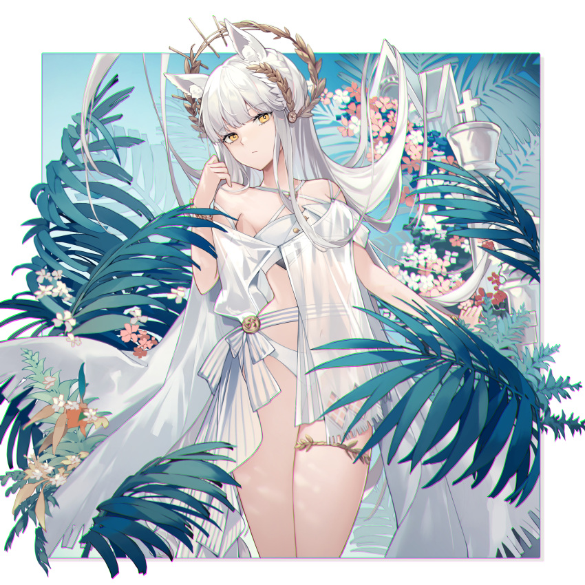 1girl absurdres animal_ears arknights bikini border cowboy_shot criss-cross_halter eminya_27 flat_chest halterneck highres horse_ears laurel_crown leaf looking_at_viewer navel official_alternate_costume outside_border platinum_(arknights) platinum_(shimmering_dew)_(arknights) ribbon sarong see-through solo stomach swimsuit thigh_strap thighs white_bikini white_border white_hair white_ribbon white_sarong yellow_eyes