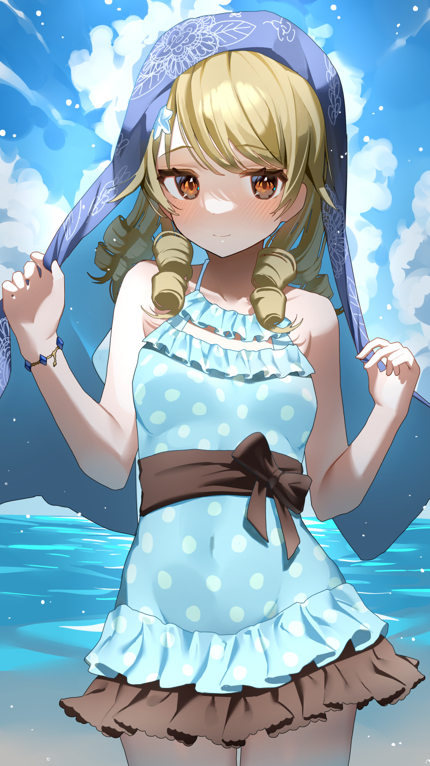 1girl absurdres blonde_hair blue_sky blush breasts cloud covered_navel cowboy_shot drill_hair floral_print frilled_swimsuit frills hair_scarf highres idolmaster idolmaster_cinderella_girls looking_at_viewer morikubo_nono ningen_mame one-piece_swimsuit outdoors polka_dot polka_dot_swimsuit sky small_breasts smile solo swimsuit