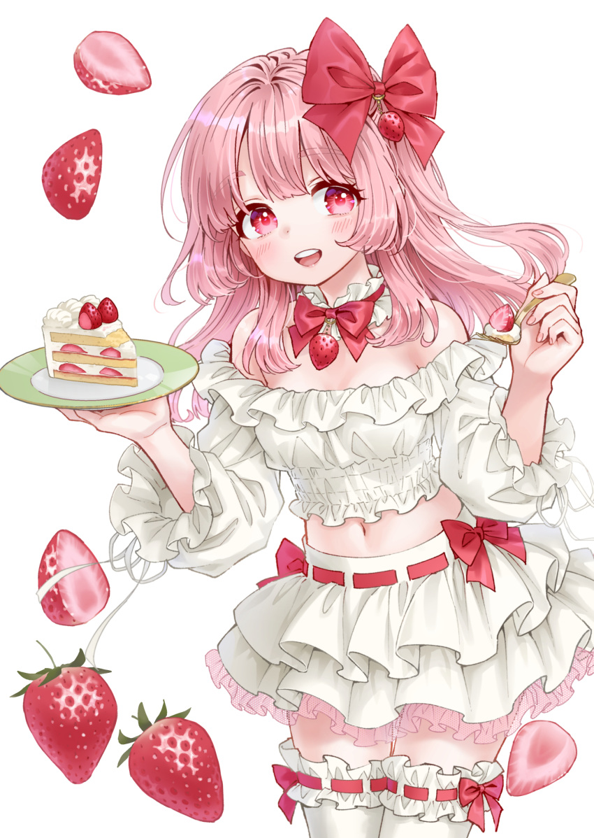 1girl :d ama-tou bangs bare_shoulders bow cake cake_slice commentary_request crop_top food fork frilled_legwear fruit hair_bow hands_up highres holding holding_fork layered_skirt long_hair long_sleeves looking_at_viewer midriff navel off-shoulder_shirt off_shoulder original pink_hair pleated_skirt puffy_long_sleeves puffy_sleeves red_bow red_eyes ribbon-trimmed_legwear ribbon_trim shirt simple_background skirt smile solo strawberry strawberry_shortcake teeth thick_eyebrows thighhighs upper_teeth white_background white_legwear white_shirt white_skirt