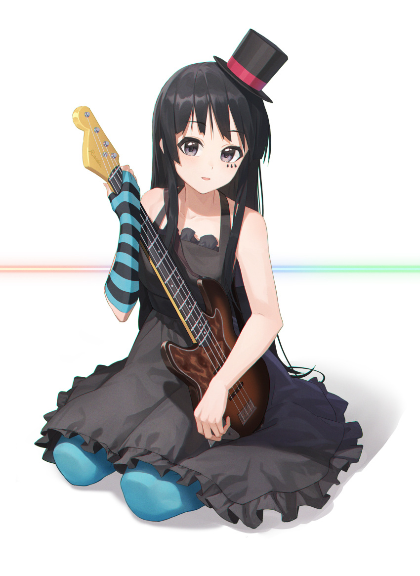 1girl absurdres akiyama_mio bangs bass_guitar black_dress black_eyes black_hair black_legwear blue_legwear blunt_bangs commentary don't_say_"lazy" dress english_commentary full_body hat highres hime_cut holding holding_instrument instrument k-on! long_hair looking_at_viewer mini_hat mini_top_hat sidelocks sitting smile solo top_hat yidie