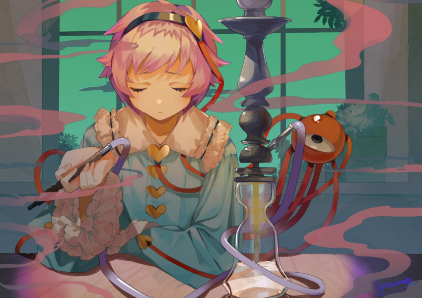 1girl arms_on_table bangs black_eyes black_headband blouse blue_shirt buttons closed_eyes closed_mouth collared_shirt english_commentary frilled_shirt_collar frilled_sleeves frills headband heart heart_button hookah komeiji_satori kyomunohi long_sleeves pink_hair plant potted_plant ribbon-trimmed_shirt rolling_eyes shirt short_hair signature smoke solo table third_eye touhou upper_body wide_sleeves window