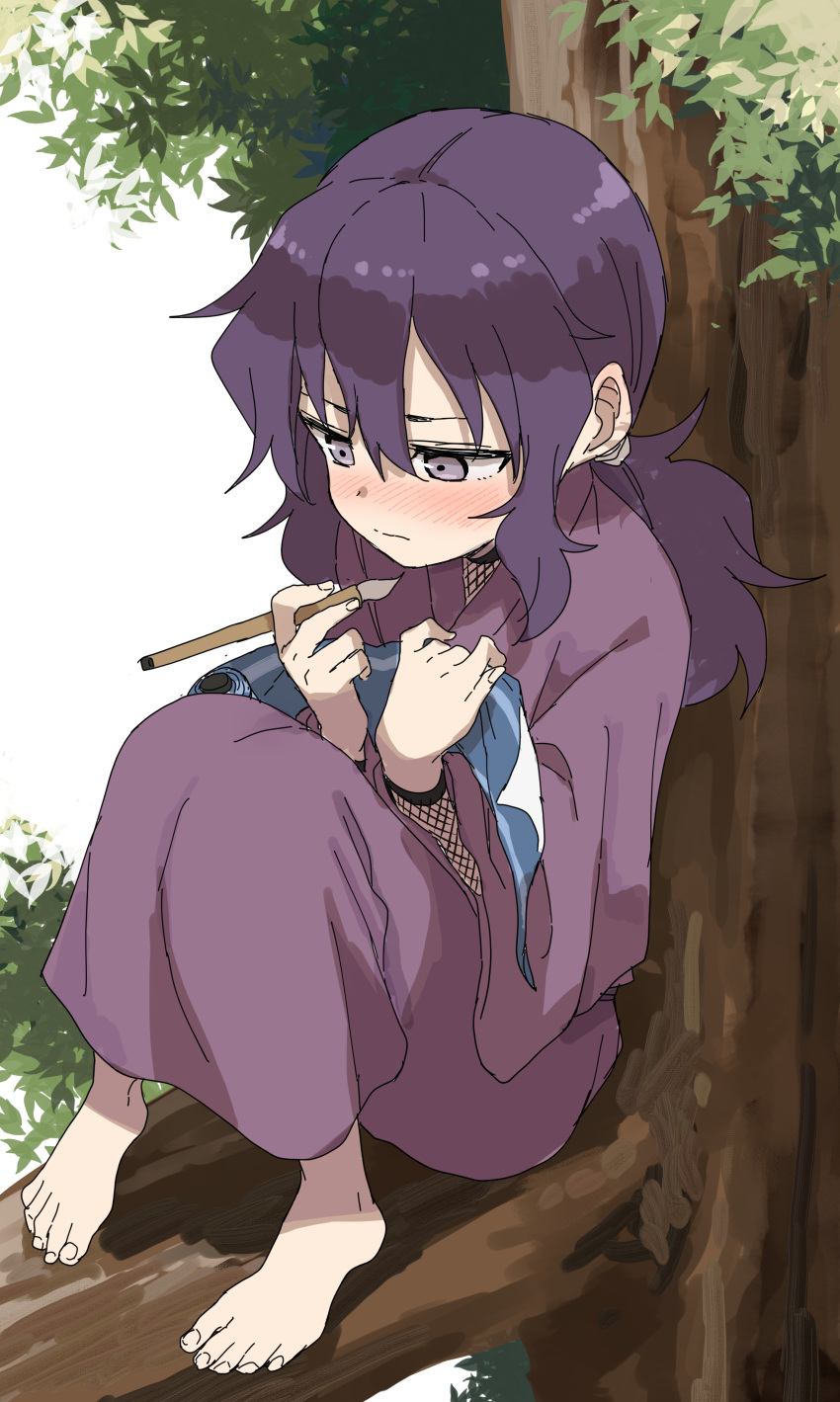 1girl absurdres barefoot blush character_request closed_mouth commentary_request fishnets full_body highres holding holding_paintbrush in_tree japanese_clothes kimono knees_up kunoichi_tsubaki_no_mune_no_uchi long_sleeves looking_away low_ponytail nose_blush paintbrush ponytail purple_eyes purple_hair purple_kimono sitting solo tree white_background wide_sleeves yamamoto_souichirou