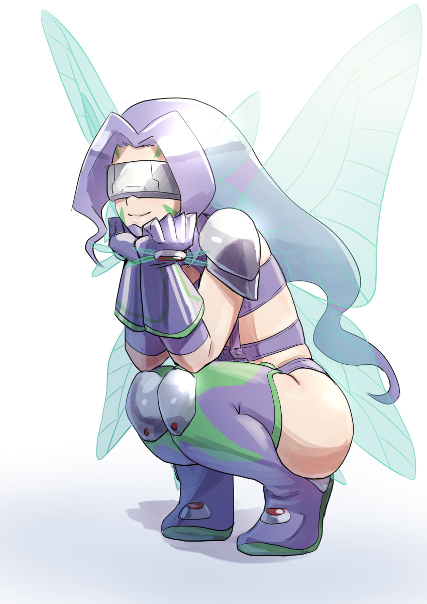 1girl absurdres armor bangs bikini boots butterfly_hair_ornament butterfly_wings closed_mouth commentary_request covered_eyes digimon digimon_(creature) elbow_gloves facial_mark fairymon full_body garter_straps gloves hair_ornament hasegawa_(hase_popopo) head_rest highres long_hair parted_bangs purple_belt purple_bikini purple_footwear purple_hair shadow shoulder_armor simple_background smile solo squatting swimsuit thigh_boots visor white_background wings