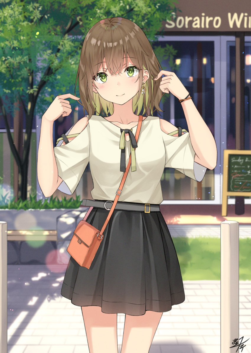 1girl bangs black_skirt breasts brown_hair building closed_mouth clothing_cutout collarbone commentary_request day earrings green_eyes hair_between_eyes hands_up highres jewelry looking_at_viewer miko_fly original outdoors pleated_skirt shirt short_sleeves shoulder_cutout signature skirt small_breasts smile solo suspender_skirt suspenders tree white_shirt