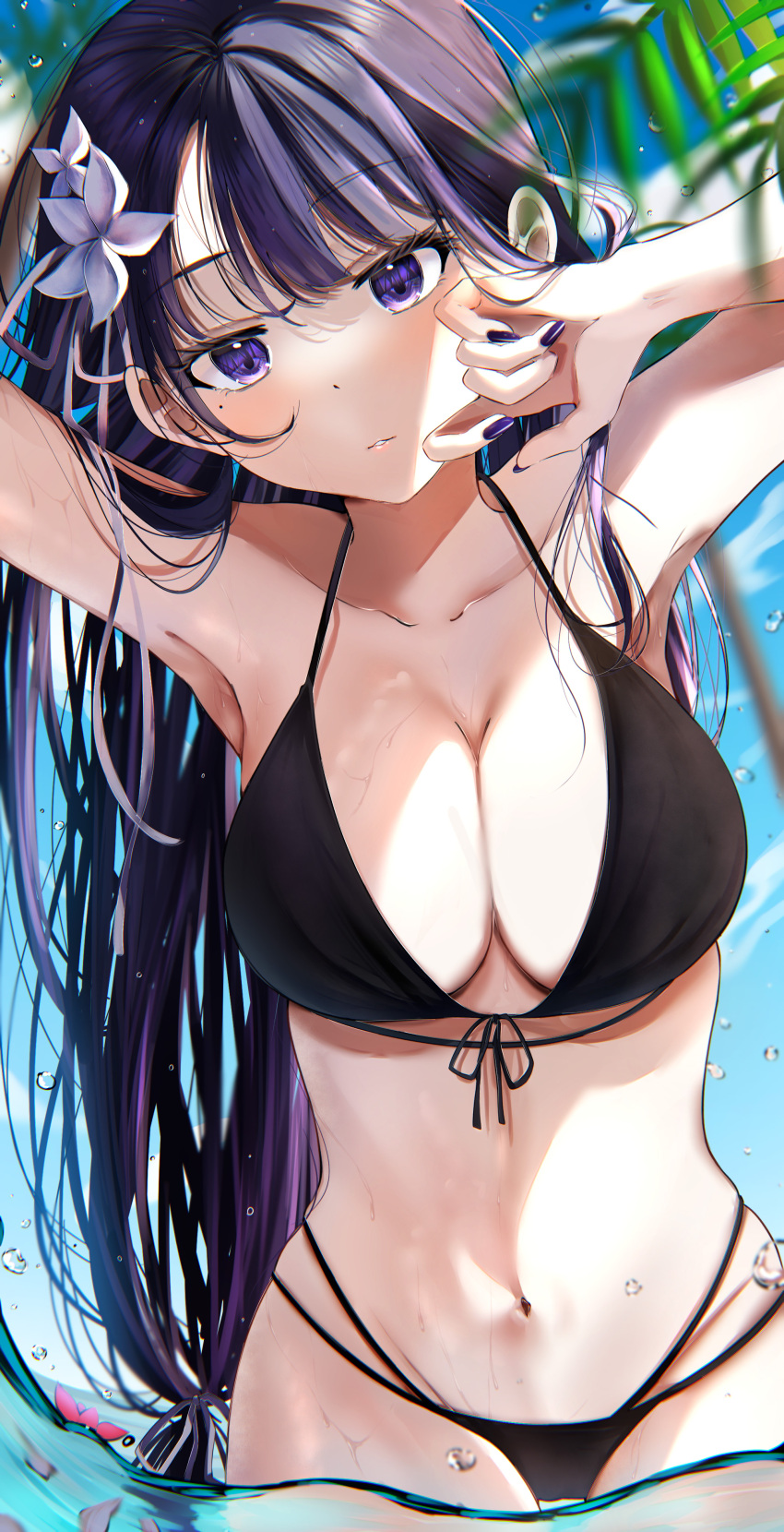 1girl absurdres armpits arms_up bangs bikini black_bikini blush breasts bubble cleavage close-up collarbone cowboy_shot flower front-tie_top genshin_impact hair_flower hair_ornament halterneck highres large_breasts leaning_forward long_hair mole mole_under_eye multi-strapped_bikini navel parted_lips partially_submerged purple_eyes purple_hair purple_nails raiden_shogun sidelocks skindentation solo standing stomach swimsuit water wet yura_458
