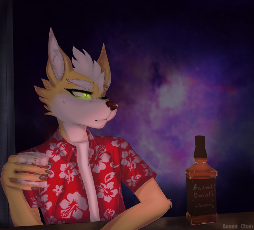 2022 alcohol anami_chan anthro beverage black_nose bodily_fluids canid canine canis claws clothed clothing digital_media_(artwork) eyebrows eyelashes fox fox_mccloud fur green_eyes hair hi_res male mammal multicolored_body multicolored_fur nintendo one_eye_closed orange_body orange_fur red_clothing solo star_fox sweat video_games whiskey white_body white_clothing white_fur white_hair