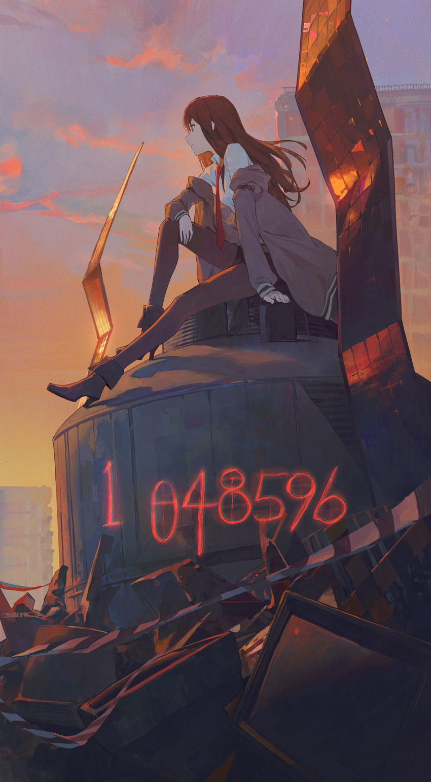 1girl absurdres black_footwear cloud commentary_request evening highres jacket long_hair long_sleeves looking_away makise_kurisu modare necktie numbered orange_sky outdoors purple_jacket red_hair red_necktie shirt shoes sitting sky solo steins;gate sunset white_shirt