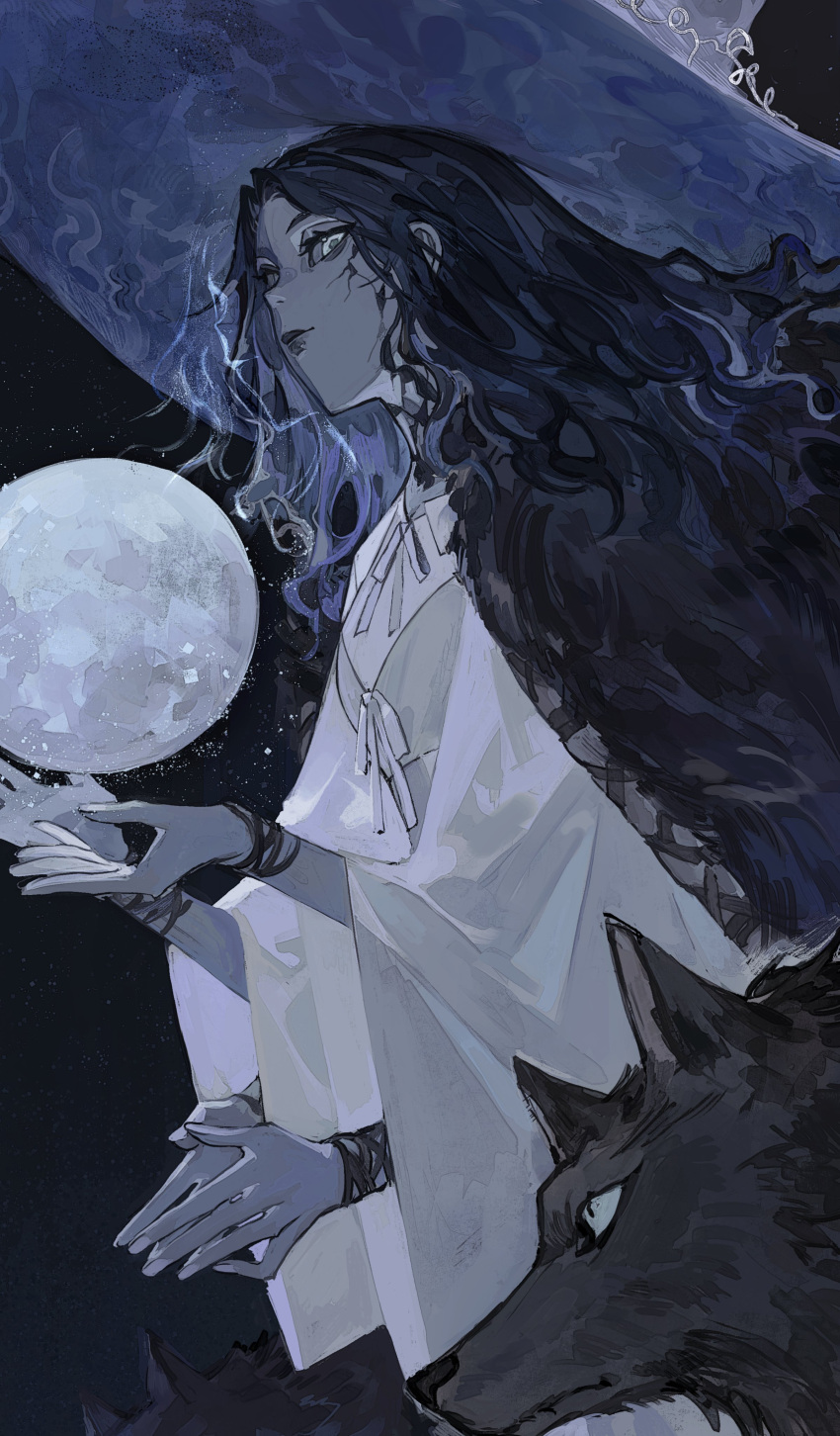 1girl absurdres blue_eyes blue_hair blue_skin cloak colored_skin cracked_skin doll_joints dress elden_ring extra_arms extra_faces fur_cloak hat highres joints kaneblob long_hair looking_at_viewer moon one_eye_closed ranni_the_witch solo white_dress white_headwear witch witch_hat