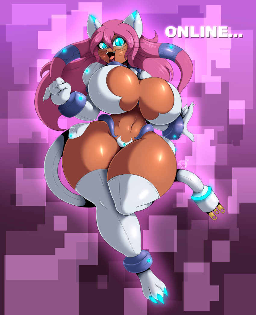 2022 claws digital_media_(artwork) english_text eyebrows female fingers front_view hair hi_res humanoid long_hair looking_at_viewer nipple_outline open_mouth pupils slit_pupils solo suirano text thick_thighs toe_claws whiskers wide_hips