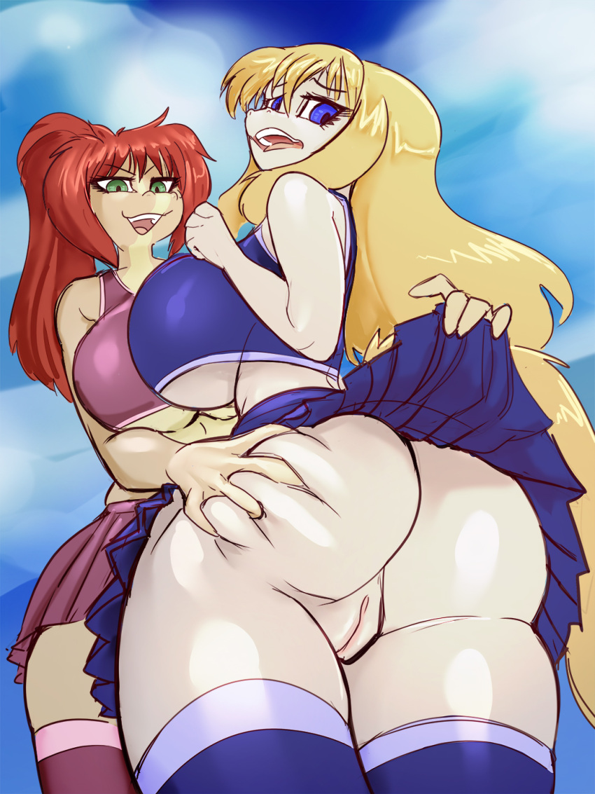 anna_(sailoranna) anthro big_breasts blonde_hair blue_bottomwear blue_clothing blue_skirt bottomwear breasts butt butt_grab clothed clothing cloud day digital_media_(artwork) duo equid female female/female general-irrelevant genitals green_eyes hair hand_on_butt hi_res legwear low-angle_view mammal no_underwear outside purple_eyes pussy sara_(sailoranna) skirt smile stockings surprise