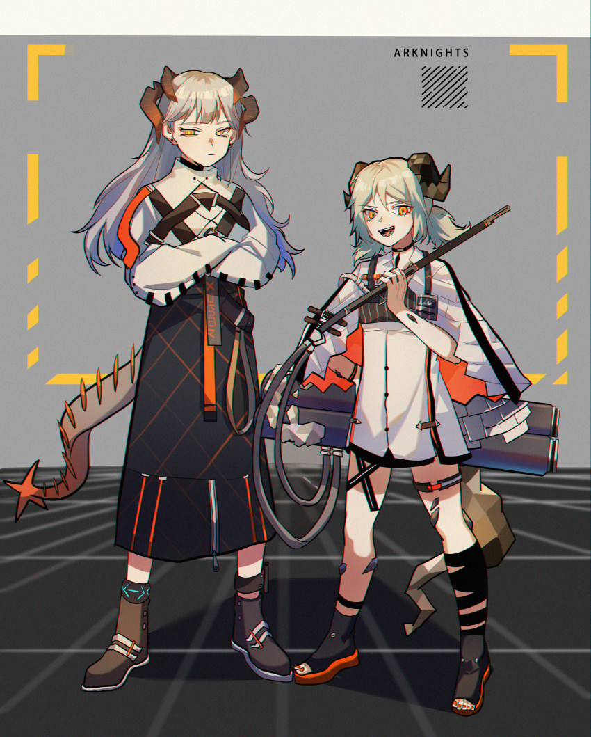 2girls :d :| absurdres arknights belt black_choker black_legwear black_skirt blonde_hair boots brown_footwear choker closed_mouth coat copyright_name crossed_arms curled_horns dragon_horns dragon_tail feathers flamethrower grey_hair highres holding holding_weapon horns ifrit_(arknights) infection_monitor_(arknights) kiliko-san long_hair long_skirt long_sleeves looking_at_viewer multiple_girls nail_polish open_mouth oripathy_lesion_(arknights) red_nails saria_(arknights) skirt smile socks tail teeth toeless_legwear toenail_polish toenails tongue tube twintails vest vial weapon white_coat white_vest yellow_eyes
