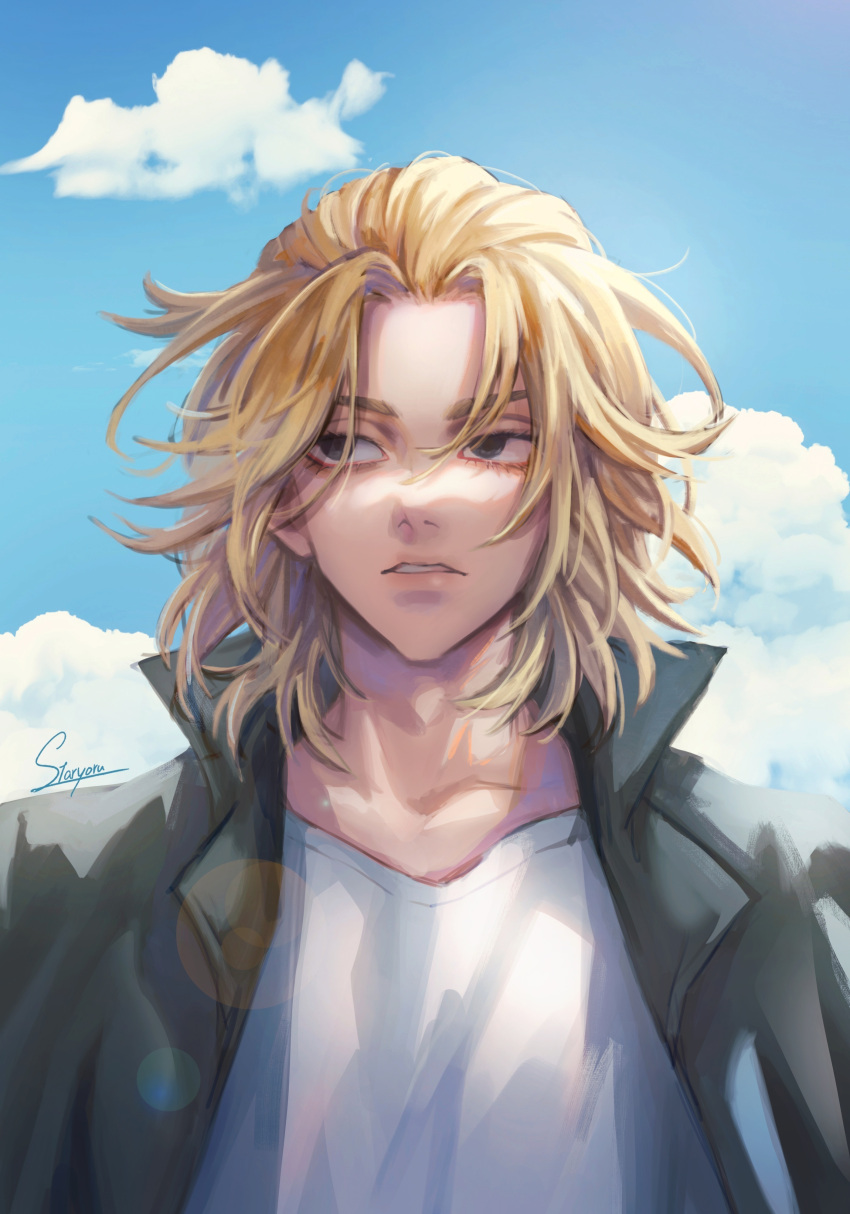 1boy absurdres black_eyes black_jacket blonde_hair cloud day empty_eyes highres jacket looking_away male_focus medium_hair outdoors parted_lips sano_manjirou shirt sky solo staryoruu tokyo_revengers upper_body white_shirt