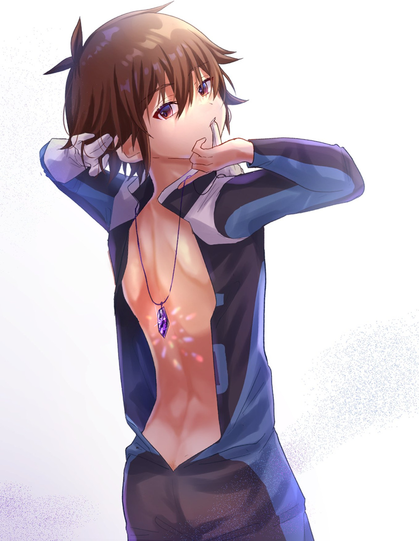 1boy ando_uno bangs bare_back bodysuit brown_eyes child commentary_request fantasy from_behind gloves glowing hair_between_eyes hand_in_own_hair handa_shin'ichi highres holding inazuma_eleven inazuma_eleven_(series) inazuma_eleven_go jewelry looking_at_viewer looking_back male_child male_focus mouth_hold necklace science_fiction simple_background solo white_background