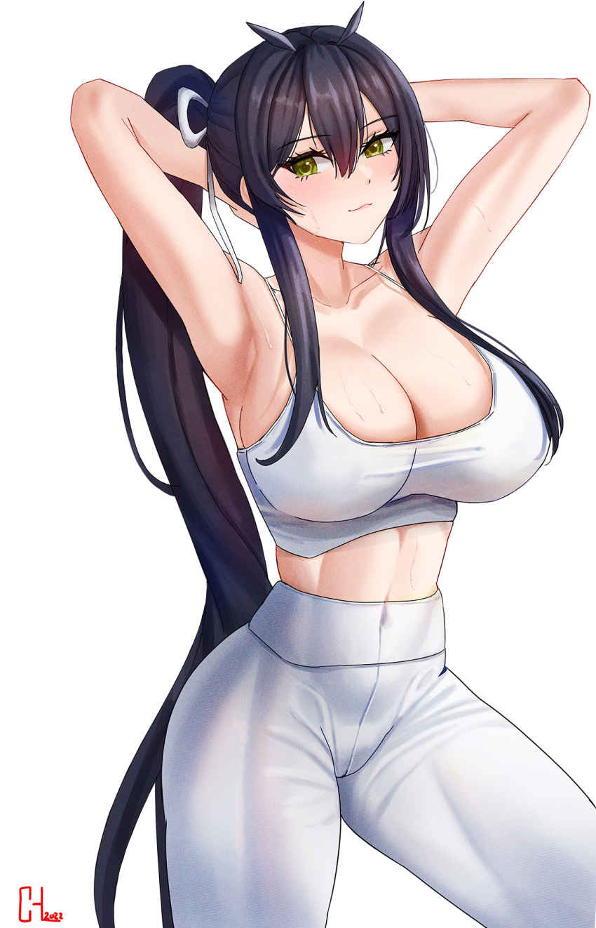 1girl alternate_costume armpits arms_behind_head artist_name azur_lane bangs black_hair blush breasts choister cleavage closed_mouth collarbone covered_navel feet_out_of_frame green_eyes gym_uniform highres indomitable_(azur_lane) large_breasts lips long_hair looking_at_viewer pants ponytail presenting_armpit solo sports_bra sportswear standing sweat very_long_hair white_background white_sports_bra yoga_pants