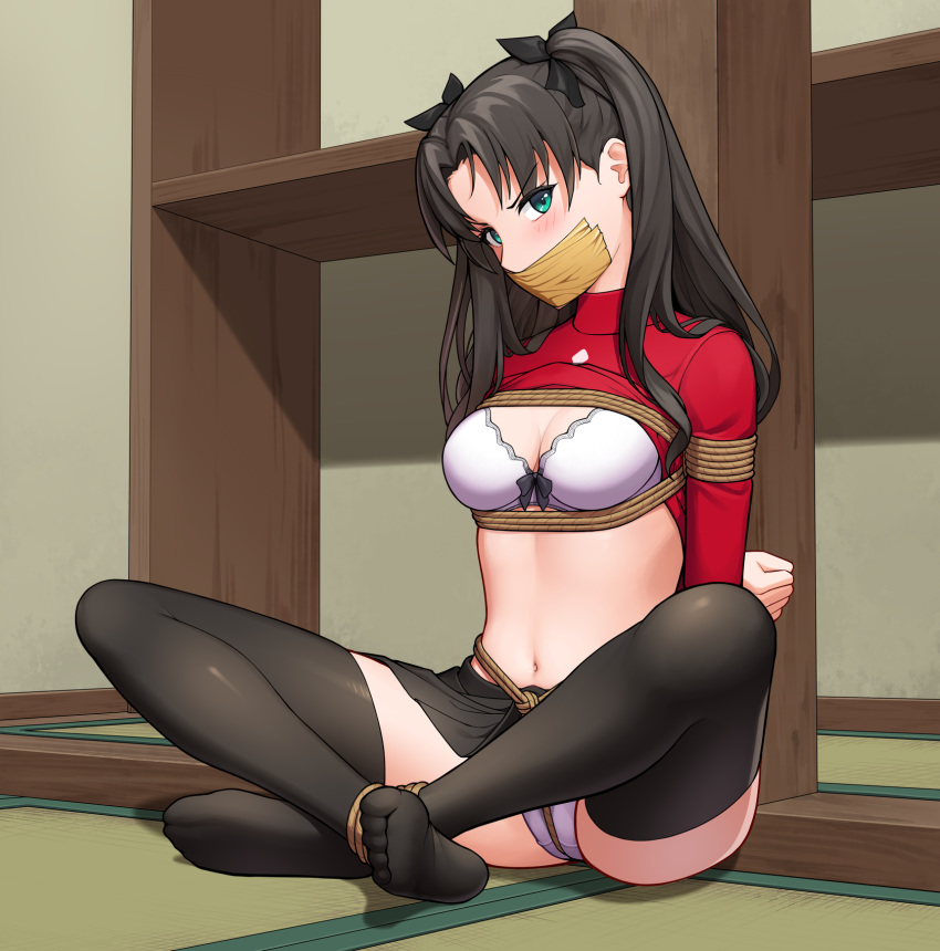 1girl arms_behind_back bangs bdsm black_bow black_hair black_legwear black_panties blush bondage bound bound_ankles bound_arms bow bra breasts cleavage clothes_lift commentary_request covered_mouth crotch_rope eyebrows_visible_through_hair fate/stay_night fate_(series) full_body gag gbeeee green_eyes hair_bow highres improvised_gag indoors long_hair long_sleeves medium_breasts miniskirt multicolored_hair navel no_shoes on_floor panties pantyshot pantyshot_(sitting) parted_bangs red_sweater shelf shibari shibari_over_clothes sitting skirt solo spread_legs sweater sweater_lift tape tape_gag tatami thighhighs tohsaka_rin two-tone_hair underwear upskirt v-shaped_eyebrows white_bra white_panties
