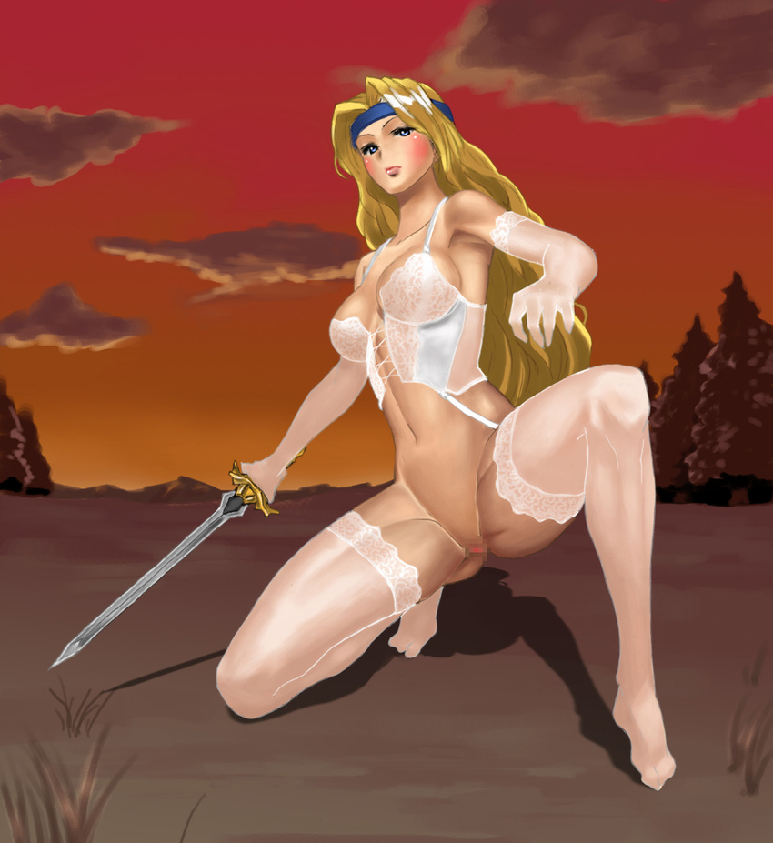 alltime bad_id bad_pixiv_id blonde_hair blue_eyes blush bottomless breasts celes_chere censored cleavage corset final_fantasy final_fantasy_vi headband highres large_breasts lingerie long_hair one_knee pussy solo spread_legs sword thighhighs underwear weapon