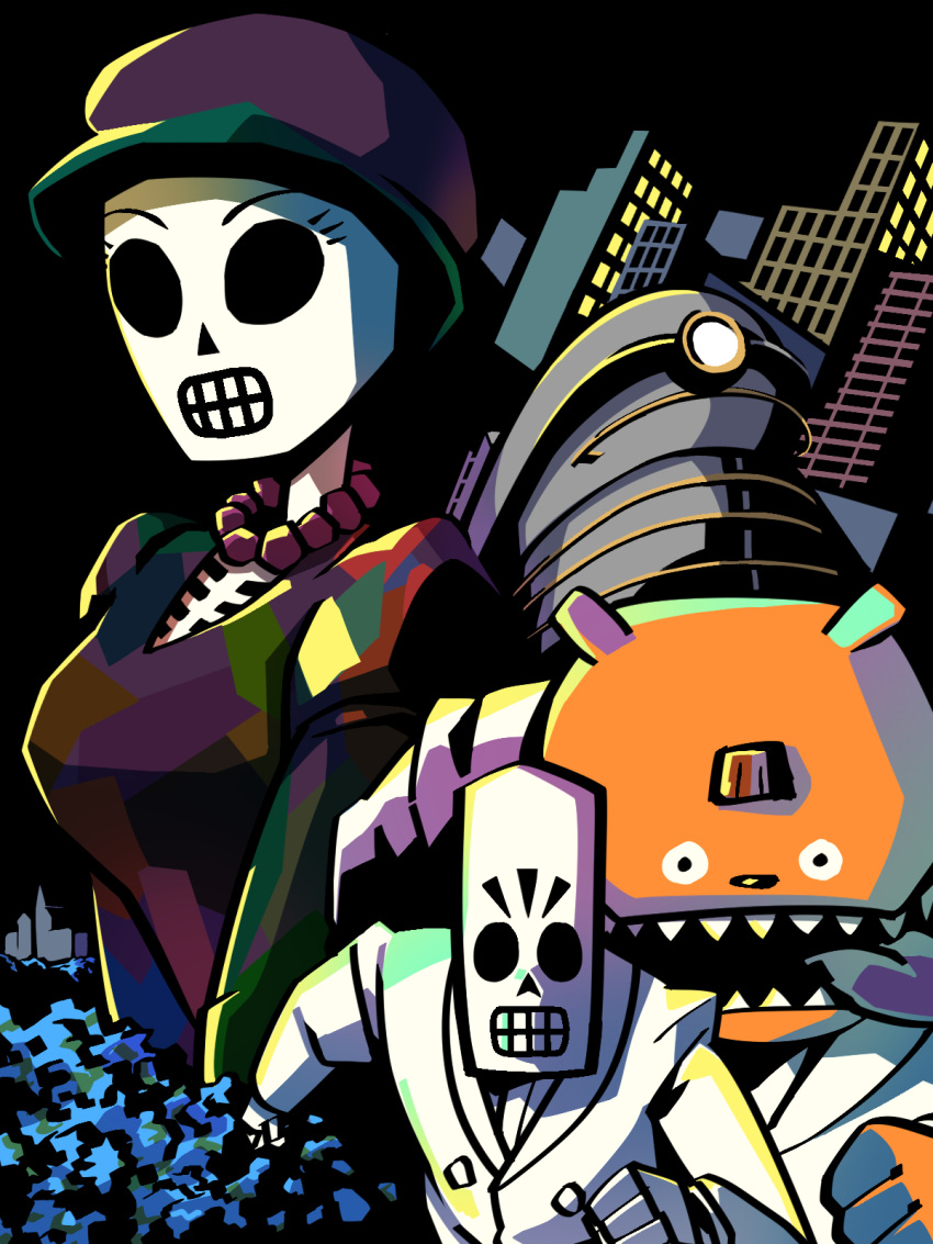 1girl 2boys black_background building city formal glottis grim_fandango ground_vehicle hat highres jazz_jack jewelry manuel_calavera mercedes_colomar multiple_boys necklace pearl_necklace running sharp_teeth skeleton suit teeth train white_suit