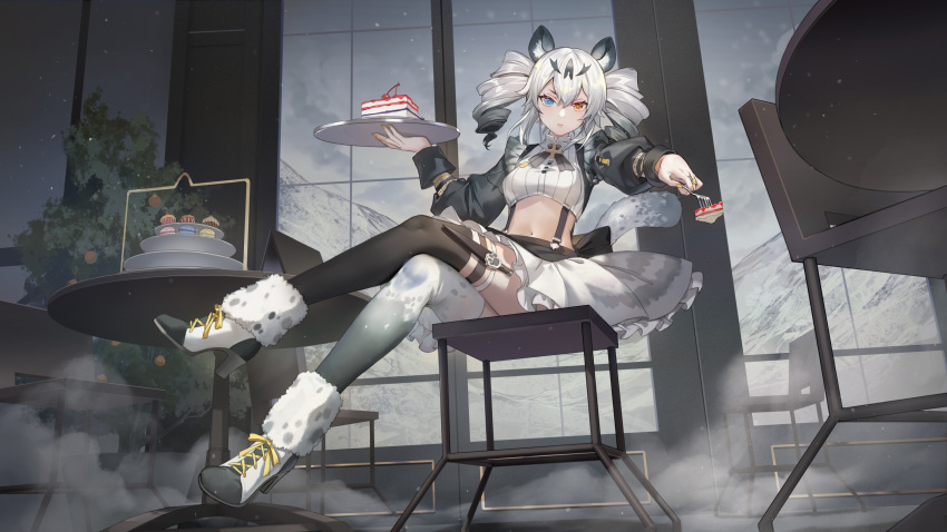 1girl animal_ears black_legwear blue_eyes breasts criin crop_top crossed_legs drill_hair fork frilled_shirt frills gradient gradient_legwear hand_up heterochromia high_heels highres holding karenina_(punishing:_gray_raven) long_hair long_sleeves looking_at_viewer maid medium_breasts midriff navel orange_eyes outstretched_arm punishing:_gray_raven raglan_sleeves ribbed_shirt shirt sitting skirt solo stomach suspenders thighhighs thighs tray twin_drills twintails white_hair white_shirt white_skirt