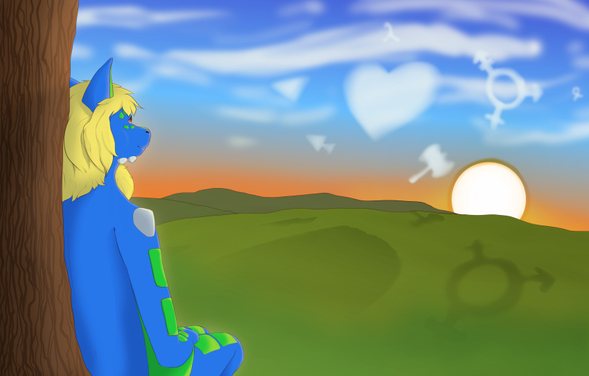&lt;3 absurd_res anthro blonde_hair blue_body blue_skin cloud dragon female gender_symbol grass hair hi_res hill lgbt_history_month lgbt_pride mountain plant scales shadow sitting sky solo spikes spikes_(anatomy) sun sunset symbol tree volpek6