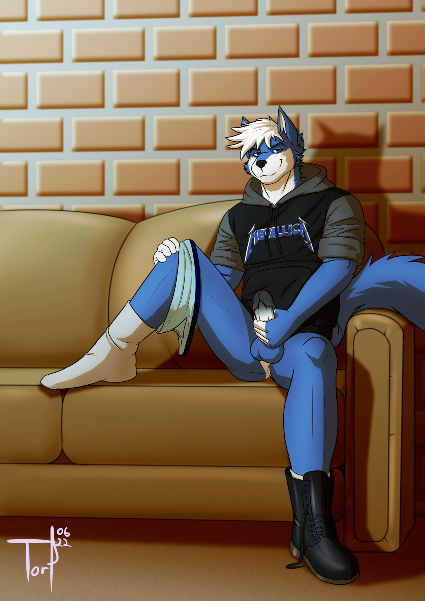 absurd_res anthro balls blue_body blue_fur bluu_foxx boots canid canine clothed clothing feet footwear fur furniture genitals hair hi_res male mammal metallica partially_clothed penis shoes simple_background socks sofa solo text torrosketch underwear white_body white_fur white_hair