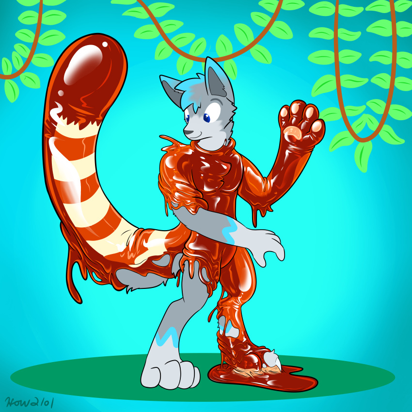 absurd_res ailurid anthro canid canine canis forest goo_(disambiguation) goo_transformation hi_res how2101 jungle latex_transformation male mammal plant red_panda rubber solo transformation tree wolf