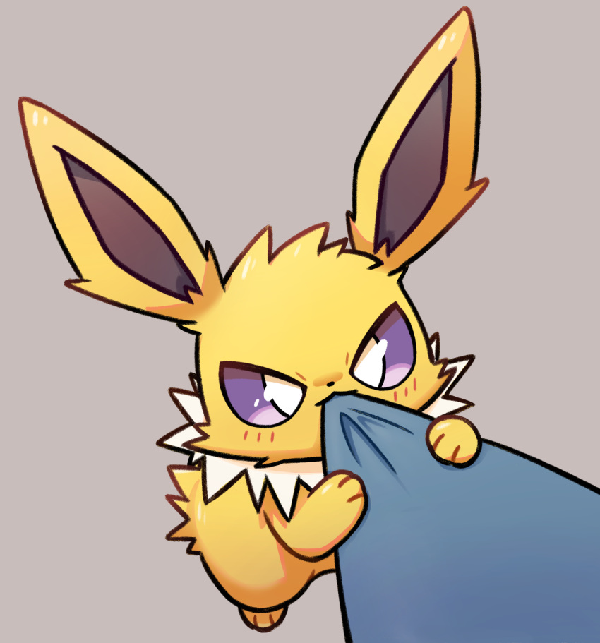 2022 ambiguous_gender bite blush blush_lines clothing_bite eeveelution eye_glint fluffy fur furrowed_brow grey_background hi_res jolteon kemono looking_at_another neck_tuft nintendo park_horang pok&eacute;mon pok&eacute;mon_(species) purple_eyes shaded simple_background simple_shading solo tuft video_games yellow_body yellow_fur