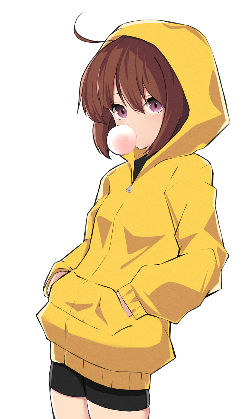 1girl absurdres ahoge bangs black_shorts brown_hair bubble_blowing chewing_gum cowboy_shot hair_between_eyes hands_in_pockets highres hood hood_up hoodie linne looking_at_viewer purple_eyes shorts simple_background solo testobraveu under_night_in-birth white_background