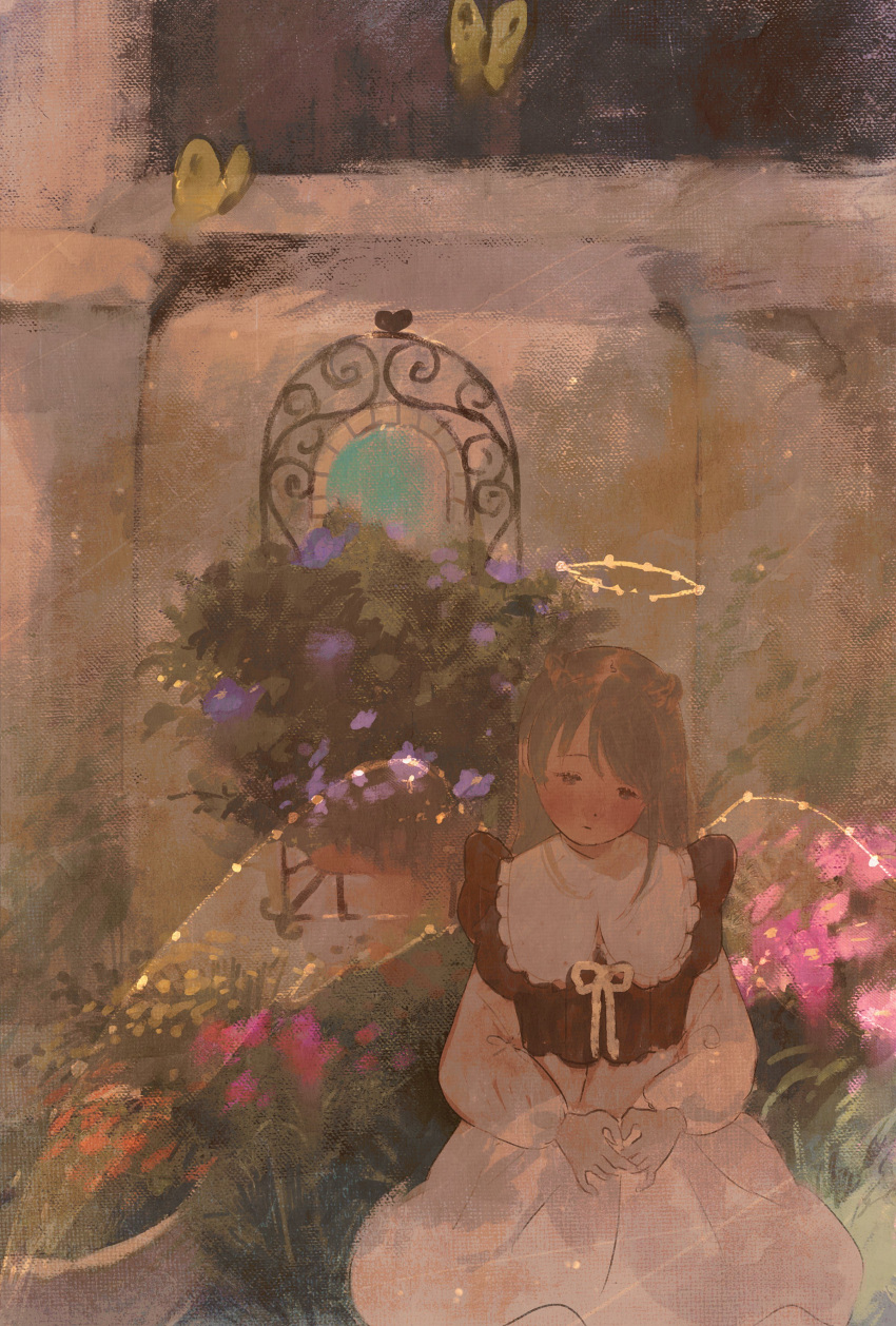 1girl absurdres angel angel_wings blush brown_hair bug butterfly dress flower halo highres leaf long_hair long_sleeves original pink_flower plant pomepomesanpo potted_plant purple_flower solo upper_body white_dress wings