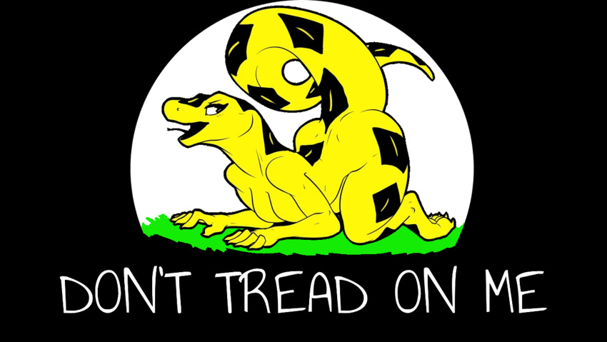 16:9 absurd_res anthro black_body breasts butt digital_drawing_(artwork) digital_media_(artwork) don't_tread_on_me english_text female flag flag_design grass hi_res lying markings meme on_front open_mouth plant reptile scalie simple_background snake solo tail_markings text widescreen yellow_body
