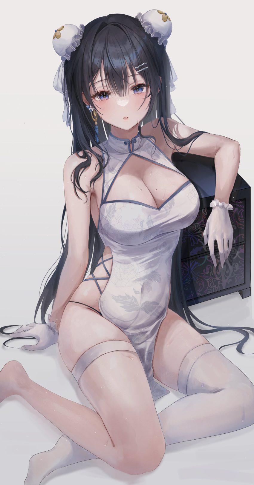 1girl absurdres arm_rest arm_support bare_arms barefoot black_hair blue_eyes blush breasts bun_cover china_dress chinese_clothes cleavage covered_navel double_bun drawer dress earrings full_body gloves grey_background hair_bun hair_ornament hair_ribbon hairclip highres jewelry large_breasts long_hair myowa no_shoes original parted_lips pelvic_curtain ribbon side_slit simple_background single_thighhigh sitting skindentation solo thigh_strap thighhighs thighs wet white_gloves white_legwear white_ribbon
