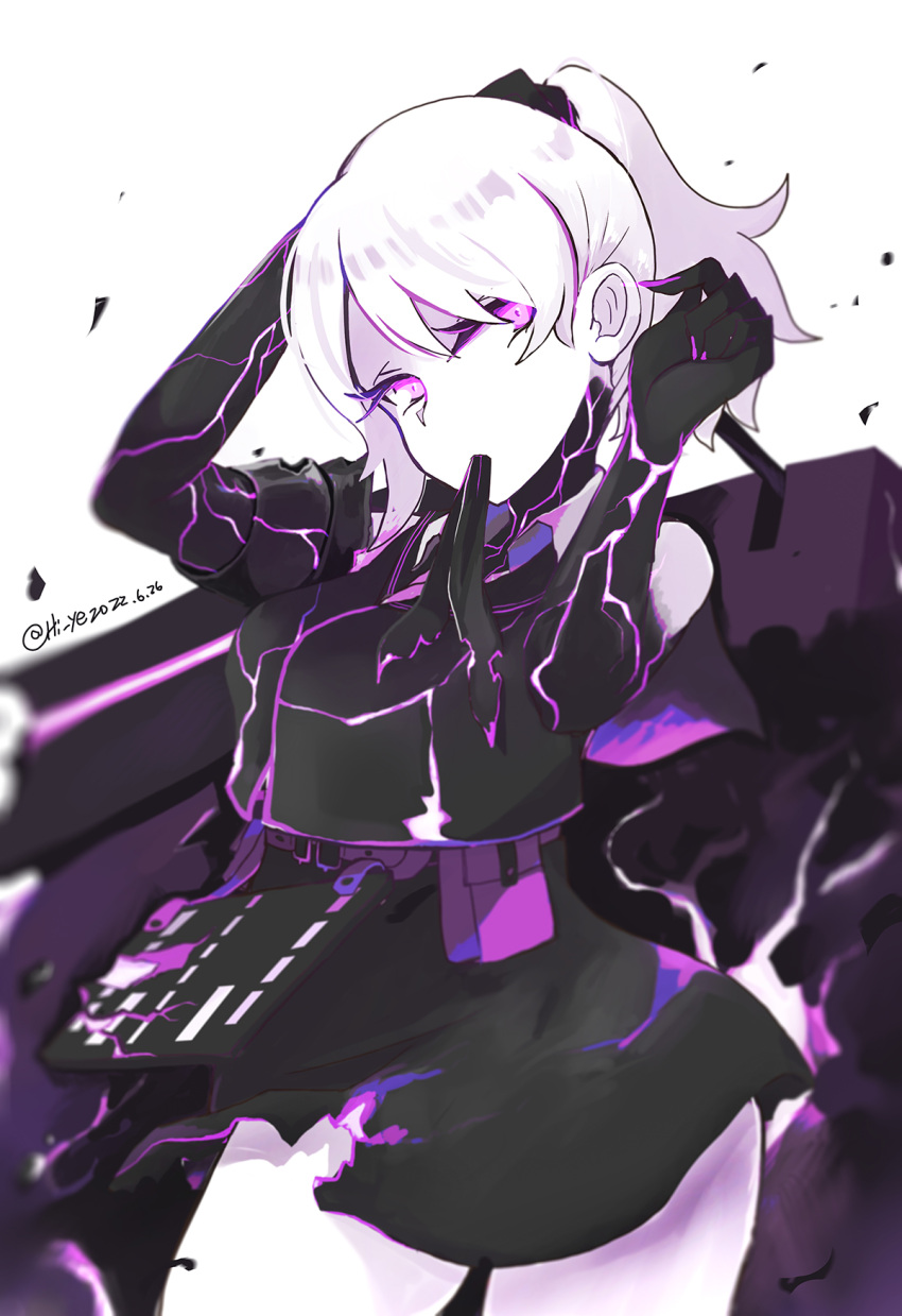 1girl abyssal_ship aircraft_carrier_princess_ii black_shirt black_skirt breasts colored_skin cowboy_shot flight_deck gauntlets hi_ye highres kantai_collection large_breasts miniskirt mouth_hold ponytail purple_eyes shirt short_hair skirt sleeveless sleeveless_shirt solo standing white_hair white_skin