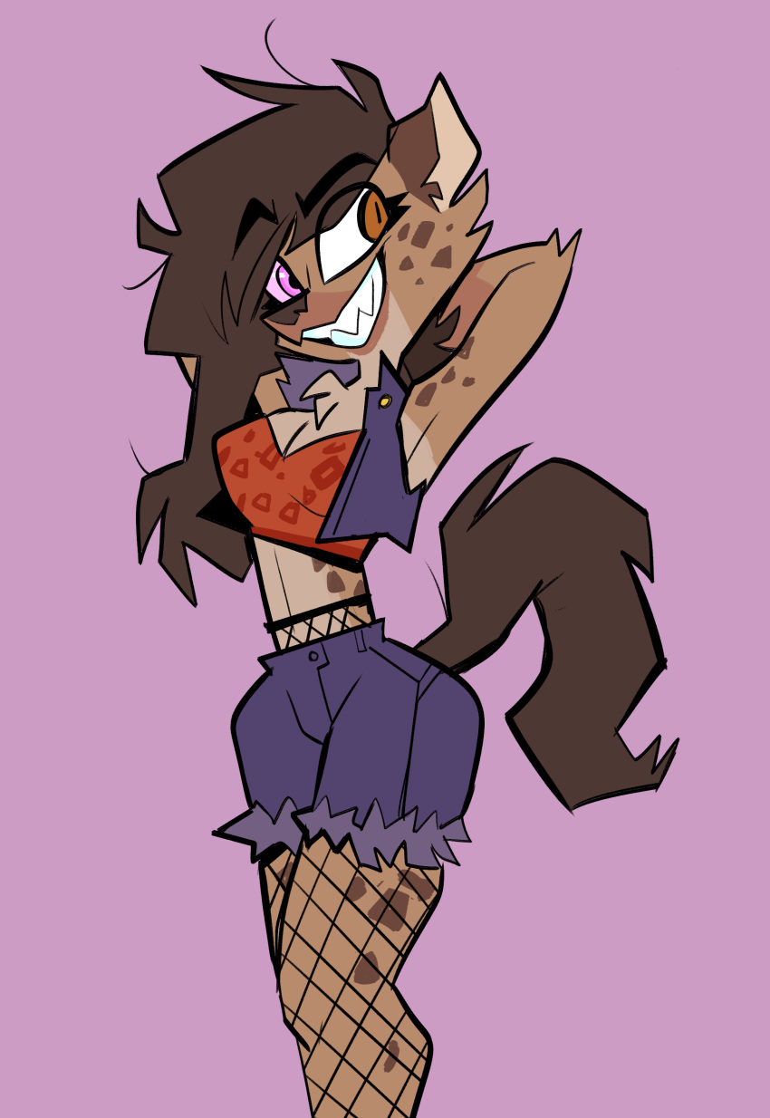 absurd_res angular bottomwear brown_hair clothing digital_media_(artwork) female fishnet grin hair helena_(bonk6) herny hi_res hyaenid mammal shorts smile solo