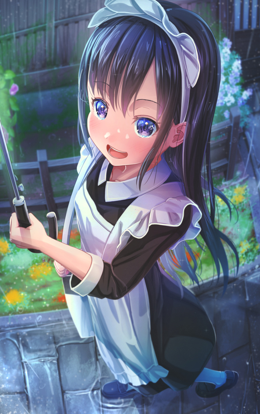 1girl :d abo_(kawatasyunnnosukesabu) apron bag black_hair fisheye handbag highres holding holding_umbrella long_hair looking_at_viewer maid maid_apron maid_headdress original outdoors pov purple_eyes rain smile solo umbrella