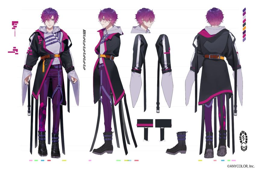 1boy black_footwear black_nails character_sheet full_body heterochromia kiki_(re_6xxx) long_sleeves looking_at_viewer male_focus mole mole_on_neck nail_polish nijisanji nijisanji_en official_art orange_belt pants purple_eyes purple_pants uki_violeta virtual_youtuber wavy_hair