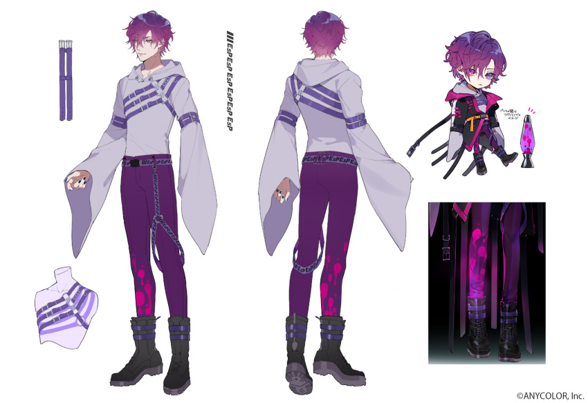 1boy black_footwear character_sheet chibi full_body heterochromia kiki_(re_6xxx) long_sleeves looking_at_viewer male_focus mole mole_on_neck nijisanji nijisanji_en official_art pants purple_eyes purple_pants uki_violeta virtual_youtuber wavy_hair wide_sleeves