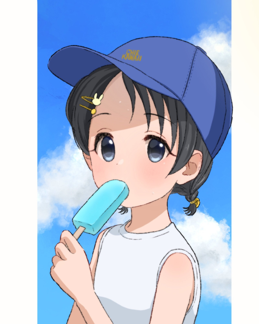 1girl bangs black_eyes black_hair blue_headwear blue_sky bunny_hair_ornament cloud cloudy_sky day de dot_nose eyes_visible_through_hair flat_chest food hair_ornament hairclip hand_up hat highres holding_ice_cream idolmaster idolmaster_cinderella_girls light_blush looking_at_viewer megabee_e outdoors popsicle sasaki_chie shirt short_hair short_twintails sky sleeveless sleeveless_shirt solo symbol-only_commentary twintails upper_body white_shirt