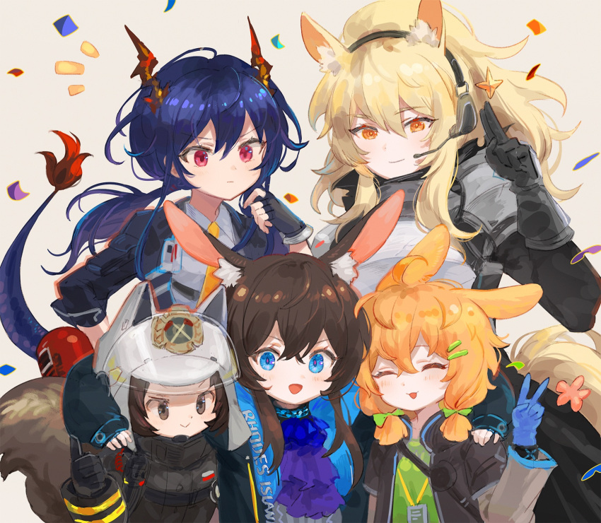 5girls :&gt; :d amiya_(arknights) animal_ears arknights arm_around_shoulder ascot black_gloves black_jacket black_wristband blonde_hair blue_ascot blue_collar blue_eyes blue_gloves blue_hair bow brown_eyes brown_hair ch'en_(arknights) closed_eyes clothes_writing collar collared_shirt commentary confetti dragon_girl dragon_horns dragon_tail english_commentary fingerless_gloves fire_helmet firefighter_jacket fur-tipped_tail gloves green_bow green_shirt grey_background hair_between_eyes hair_bow hair_ornament hairclip headset helmet highres horns horse_ears horse_girl id_card implied_extra_ears infection_monitor_(arknights) jacket jewelry kroos_(arknights) lanyard long_hair medium_hair multiple_girls nearl_(arknights) neck_ring necktie open_clothes open_jacket open_mouth orange_eyes orange_hair ponytail rabbit_ears rabbit_girl red_eyes salute shaw_(arknights) shirt short_twintails simple_background sleeves_past_elbows smile spacelongcat squirrel_girl squirrel_tail tail tail_raised thumbs_up twintails two-finger_salute visor_lift white_headwear white_shirt yellow_necktie