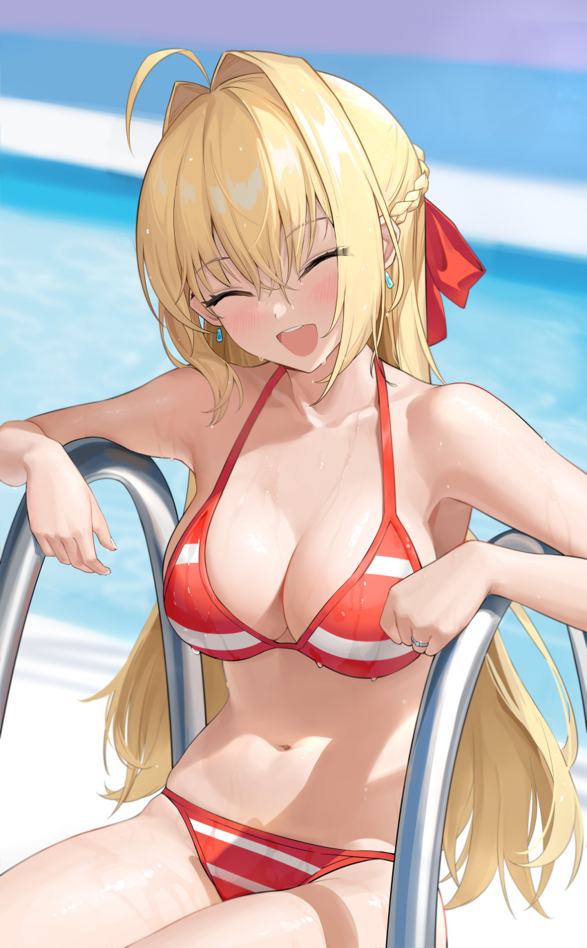 1girl :d absurdres ahoge armpits bangs bare_arms bare_shoulders bikini blonde_hair blurry blurry_background blush breasts cleavage closed_eyes collarbone day depth_of_field earrings facing_viewer fate/grand_order fate_(series) hair_between_eyes hair_intakes highres jewelry large_breasts long_hair navel nero_claudius_(fate) open_mouth outdoors pool_ladder red_bikini ring shenqi_xiao_hong_zai_nali sitting smile solo stomach striped striped_bikini swimsuit very_long_hair wedding_band wet