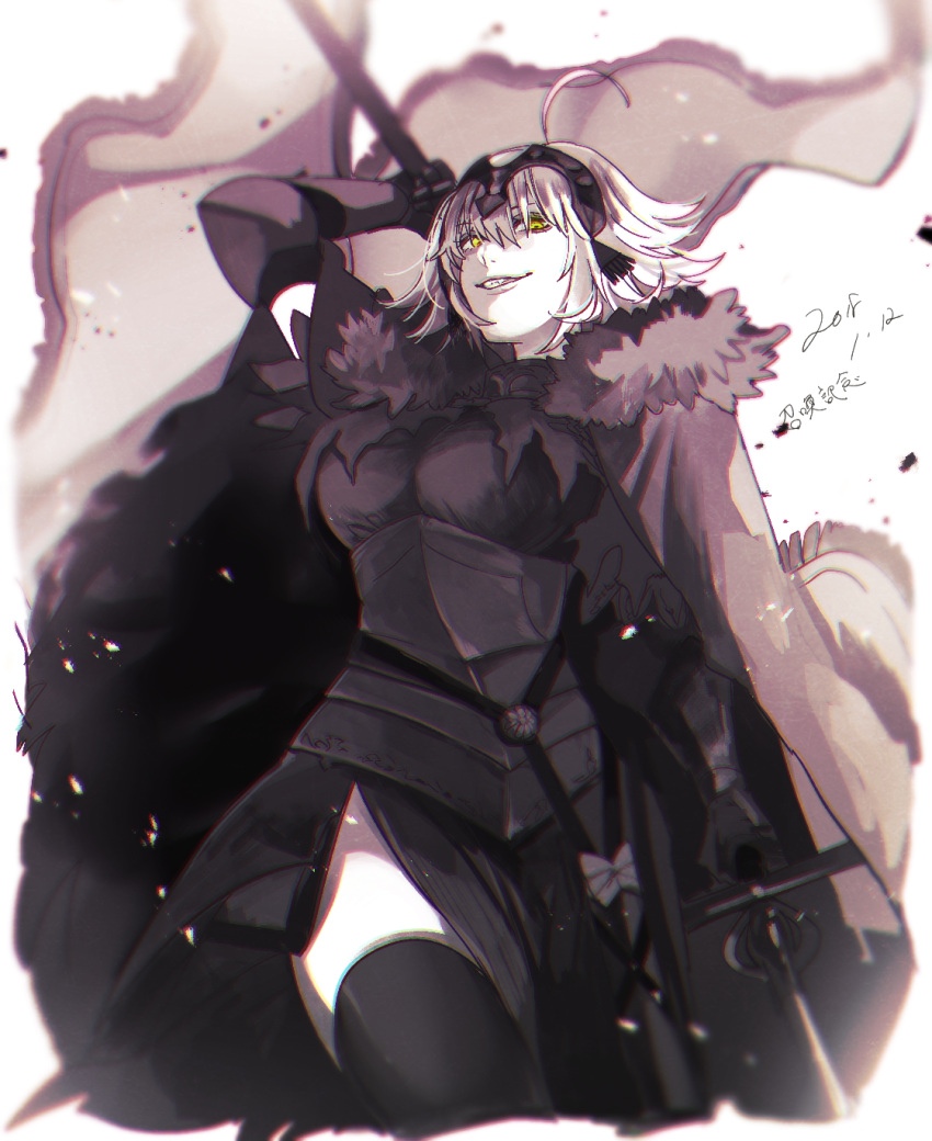 1girl ahoge armor armored_dress bangs black_legwear breasts cloak eyebrows_behind_hair fate/grand_order fate_(series) flag hair_between_eyes headpiece highres holding holding_flag holding_weapon jeanne_d'arc_alter_(avenger)_(fate) jeanne_d'arc_alter_(fate) looking_at_viewer looking_down ryousuke_(tukr5384) short_hair smile solo thighhighs weapon white_hair